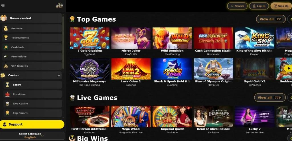 7Gold Casino game lobby with category and provider navigation