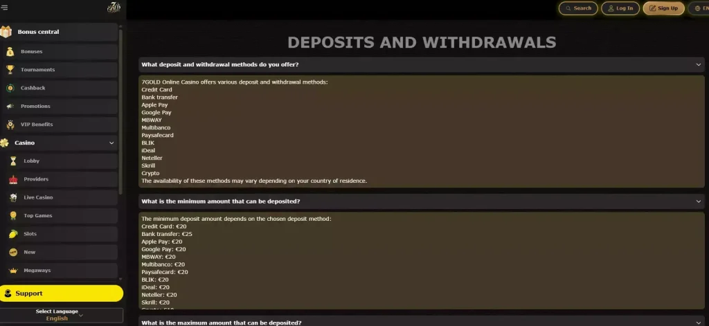 7Gold cashier interface showing available payment-method categories