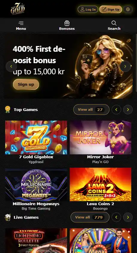 7Gold Casino mobile browser interface on a phone-sized viewport