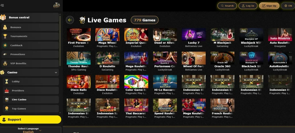 7Gold live casino lobby with live categories and providers visible