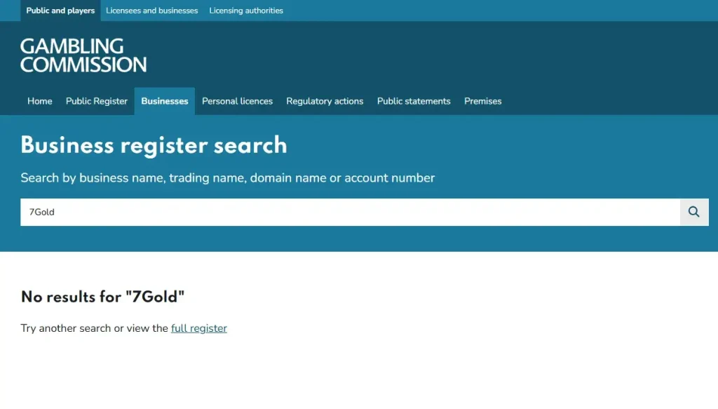 UK Gambling Commission register search used to verify the 7Gold Casino licence