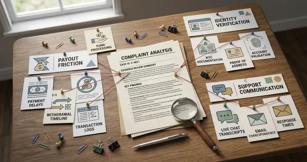 Editorial illustration categorising 7Gold Casino complaint evidence by withdrawals, KYC and support
