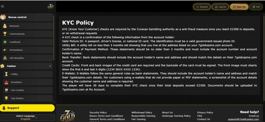 7Gold KYC or account verification screen
